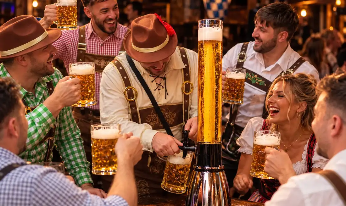 Friends around a Haus beer tower